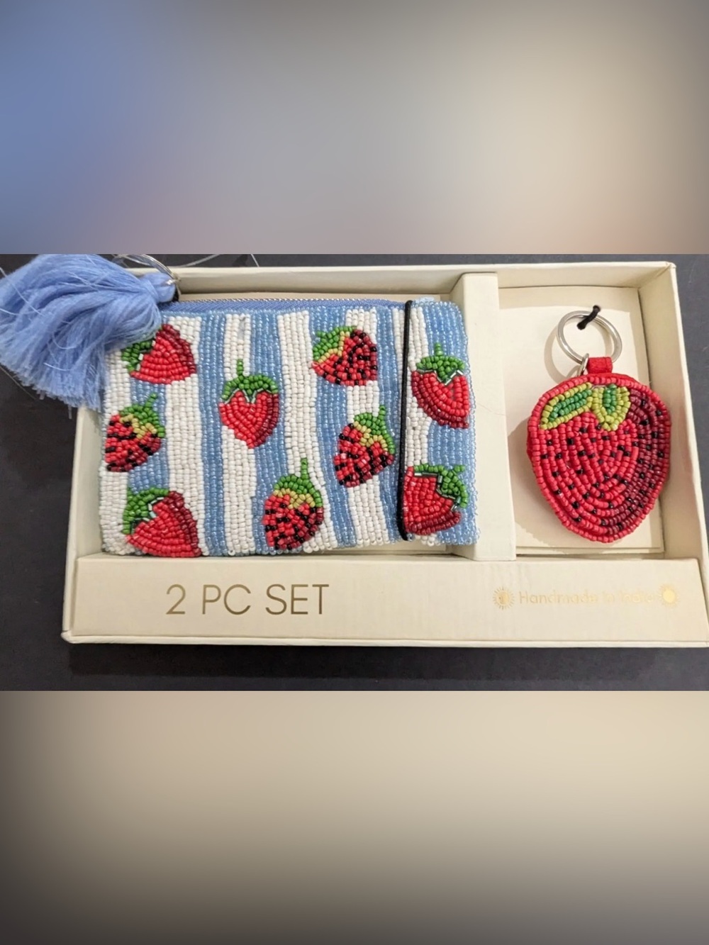 NWT Beaded Strawberry Wallet and Keychain - Blue & Red viral